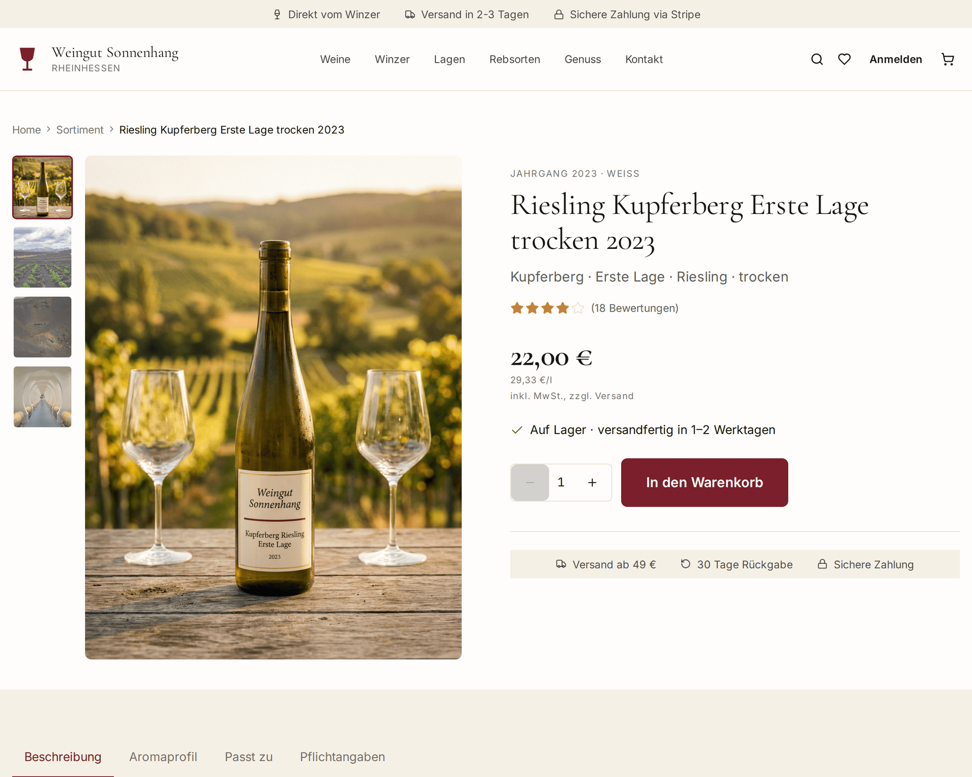 Produktseite mit Aromaprofil